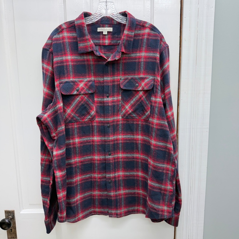 Frye and Co Mens XXL Red Navy Plaid Flannel Shacket Jacket Thick Cotton Shirt